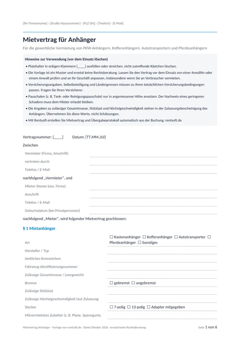 Mietvertrag Anhänger Vorschau
