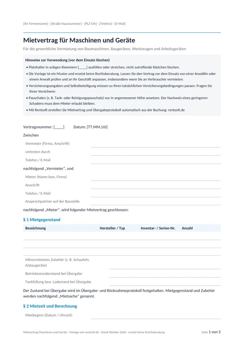 Mietvertrag Maschinen und Geräte Vorschau