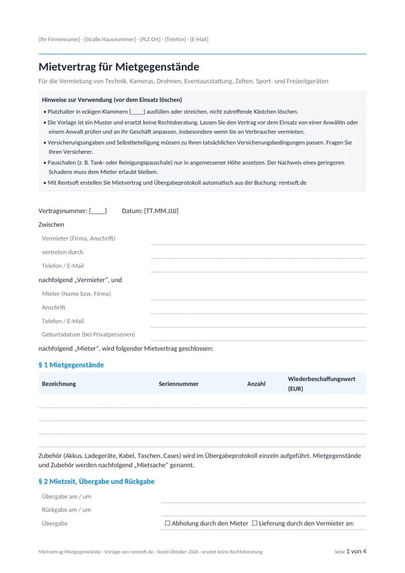 Mietvertrag Mietgegenstände Vorschau